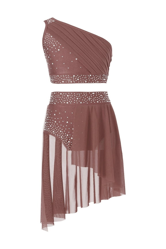 Kids Girls Lyrical Dress Ballet Dance Outfits Ballroom Outfits Athletic Crop Tops with Skirt Shorts Set Dusty Pink 6