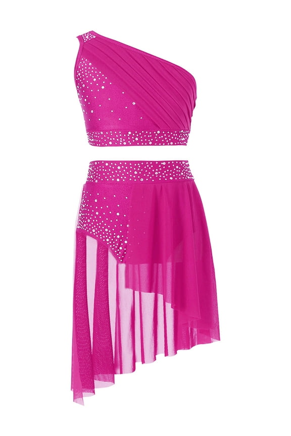 Kids Girls Lyrical Dress Ballet Dance Outfits Ballroom Outfits Athletic Crop Tops with Skirt Shorts Set Hot Pink 6