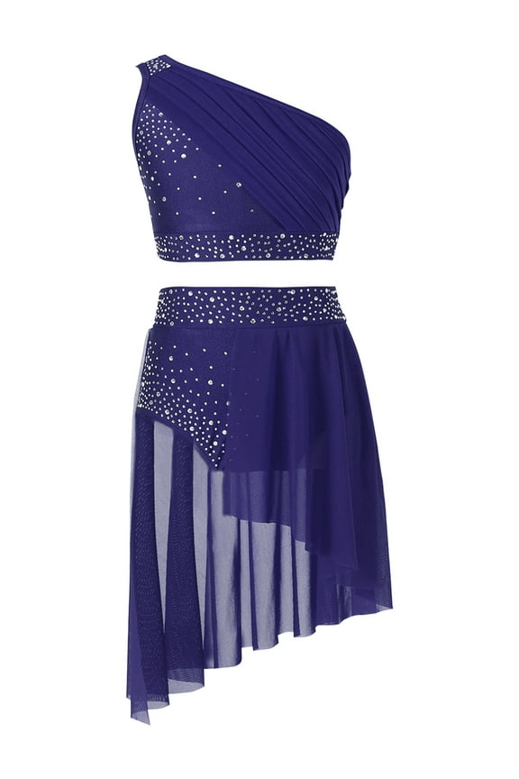 Kids Girls Lyrical Dress Ballet Dance Outfits Ballroom Outfits Athletic Crop Tops with Skirt Shorts Set Navy Blue 8