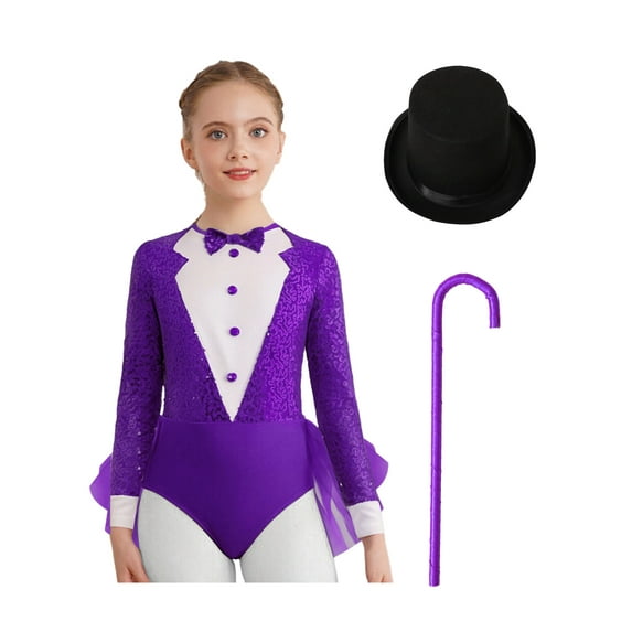 TTAO Kids Girls Magician Outfit Long Sleeve Sequin Jazz Dance Bodysuit Tulle Skirted Leotard with Hat and Crutch Purple 6