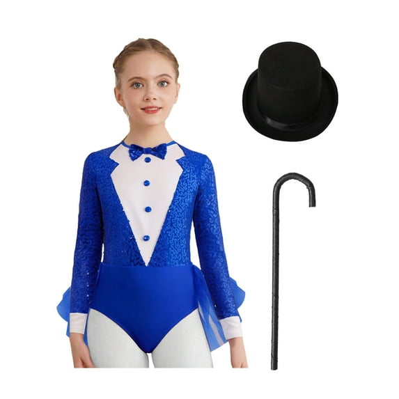TTAO Kids Girls Magician Outfit Long Sleeve Sequin Jazz Dance Bodysuit Tulle Skirted Leotard with Hat and Crutch Royal Blue Black 16