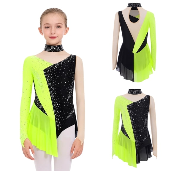 TTAO Kids Girls Mesh Splice Gymnastic Leotard Ballet Dance Tutu Skirt Ballerina Clothes Figure Ice Skating Dress Fluorescent Yellow 6