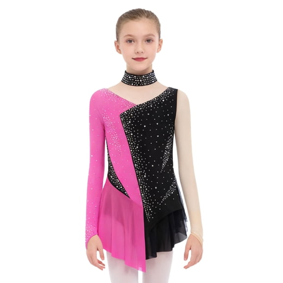 TTAO Kids Girls Mesh Splice Gymnastic Leotard Ballet Dance Tutu Skirt Ballerina Clothes Figure Ice Skating Dress Light Hot Pink 6