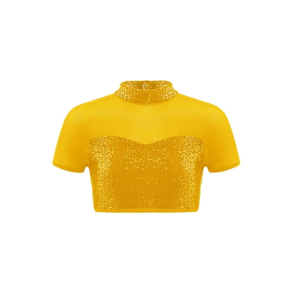 TTAO Kids Girls Mesh Splice Short Sleeve Open Back T-Shirt Sequins Jazz Hip Hop Street Ballet Dance Crop Tops Dancewear Gold 4