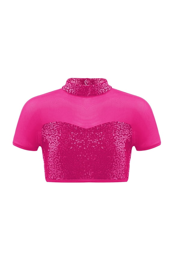 Kids Girls Mesh Splice Short Sleeve Open Back T-Shirt Sequins Jazz Hip Hop Street Ballet Dance Crop Tops Dancewear Hot Pink 12