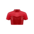 thumbnail image 1 of TTAO Kids Girls Mesh Splice Short Sleeve Open Back T-Shirt Sequins Jazz Hip Hop Street Ballet Dance Crop Tops Dancewear Red 6, 1 of 5