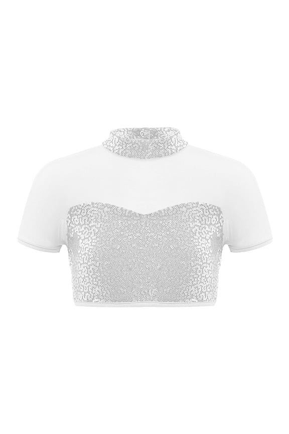 Kids Girls Mesh Splice Short Sleeve Open Back T-Shirt Sequins Jazz Hip Hop Street Ballet Dance Crop Tops Dancewear Silver 12