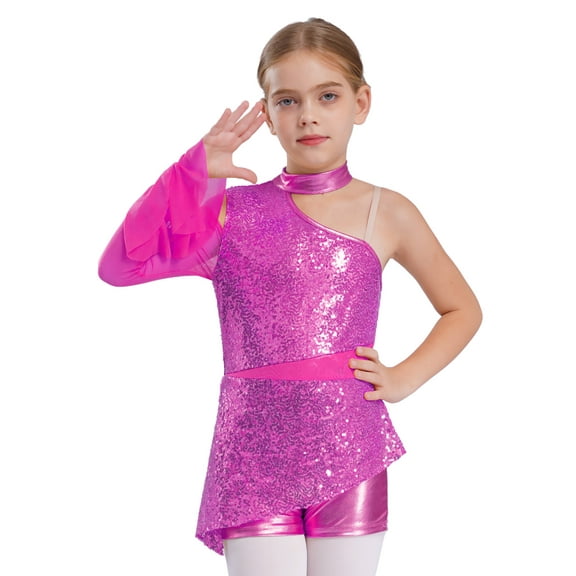 TTAO Kids Girls Metallic Sequin Gymnastics Leotard Cold Shoulder Long Sleeve Ballet Dance Biketard Peplum Bodysuit Hot Pink 12