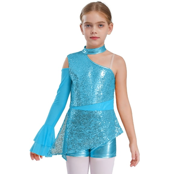 TTAO Kids Girls Metallic Sequin Gymnastics Leotard Cold Shoulder Long Sleeve Ballet Dance Biketard Peplum Bodysuit Light Blue 6