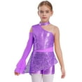 thumbnail image 1 of TTAO Kids Girls Metallic Sequin Gymnastics Leotard Cold Shoulder Long Sleeve Ballet Dance Biketard Peplum Bodysuit Light Purple 10, 1 of 4