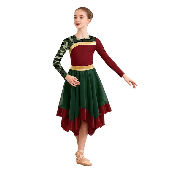 TTAO Kids Girls Praise Dance Dress Long Sleeve Camouflage Printed Asymmetrical Church Worship Liturgical Robe Burgundy Army Green 6