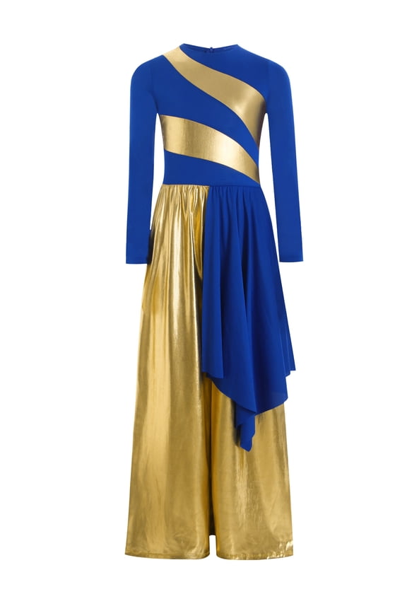 Kids Girls Praise Dance Outfit Metallic Gold Palazzo Pants Wide Leg Jumpsuit Long Sleeve Lyrical Worship Dress Blue 8