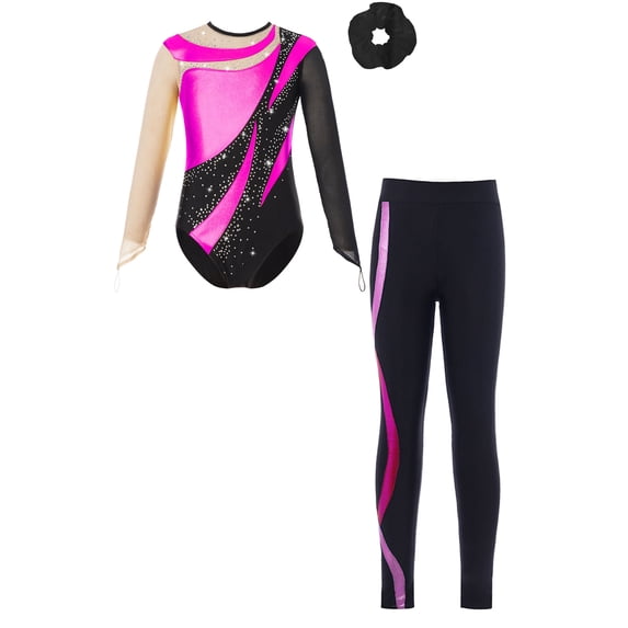 TTAO Kids Girls Rhinestone Gymnastic Ballet Leotard Dance Unitard Biketard and Leggings Pants Hair Band Set A Hot Pink 8