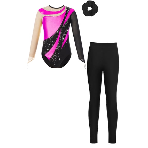 TTAO Kids Girls Rhinestone Gymnastic Ballet Leotard Dance Unitard Biketard and Leggings Pants Hair Band Set B Hot Pink 8