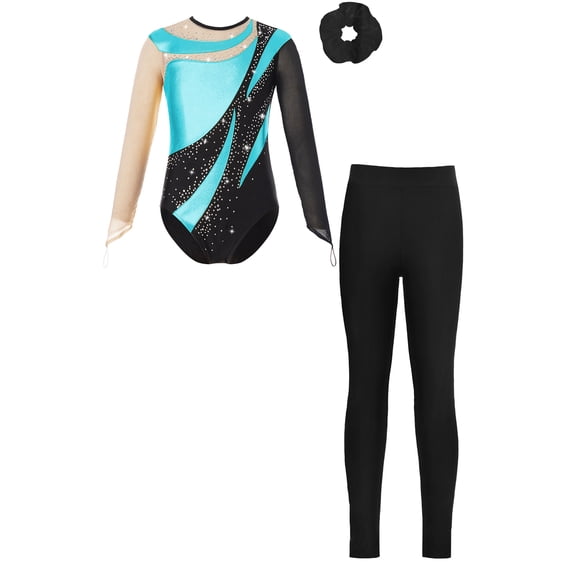TTAO Kids Girls Rhinestone Gymnastic Ballet Leotard Dance Unitard Biketard and Leggings Pants Hair Band Set B Turquoise 6