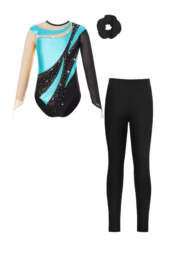 Kids Girls Rhinestone Gymnastic Ballet Leotard Dance Unitard Biketard and Leggings Pants Hair Band Set B Turquoise 6