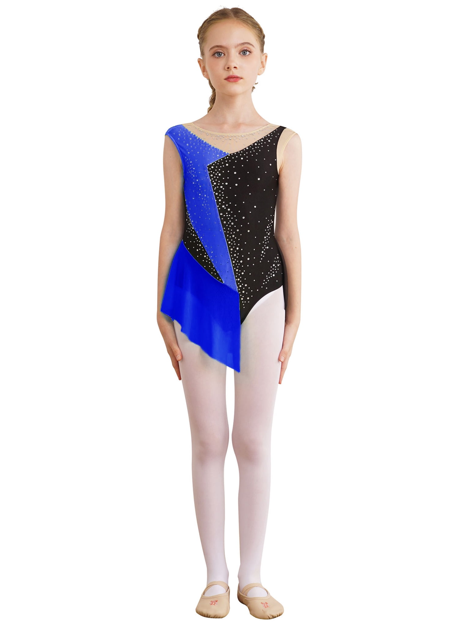 TTAO Kids Girls Rhinestone Gymnastics Ballet Dance Leotard Dress Mesh