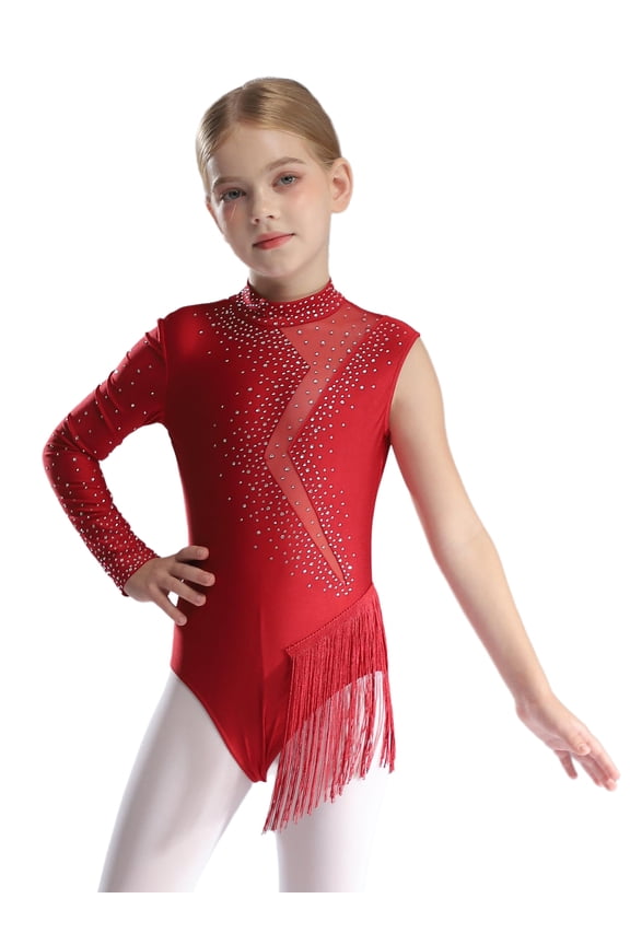Kids Girls Rhinestones Ballet Dance Skating Leotard Dress with Irregular Tassel for Team Uniform Dancewear Burgundy 8