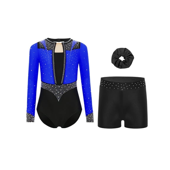 TTAO Kids Girls Rhythmic Gymnastic Leotard Sparkly Long Sleeve Athletic Dance Biketard with Shorts Hairband Set Blue Black 16