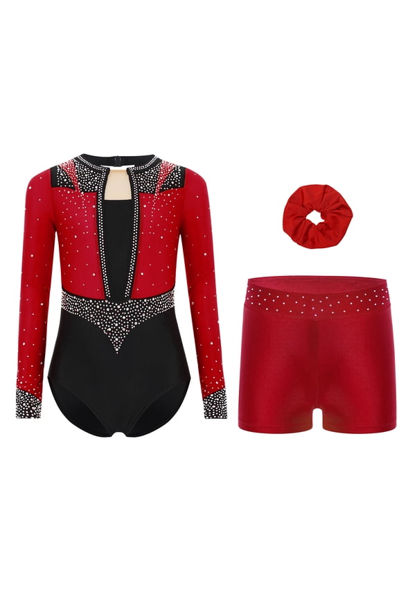 Kids Girls Rhythmic Gymnastic Leotard Sparkly Long Sleeve Athletic Dance Biketard with Shorts Hairband Set Burgundy 8
