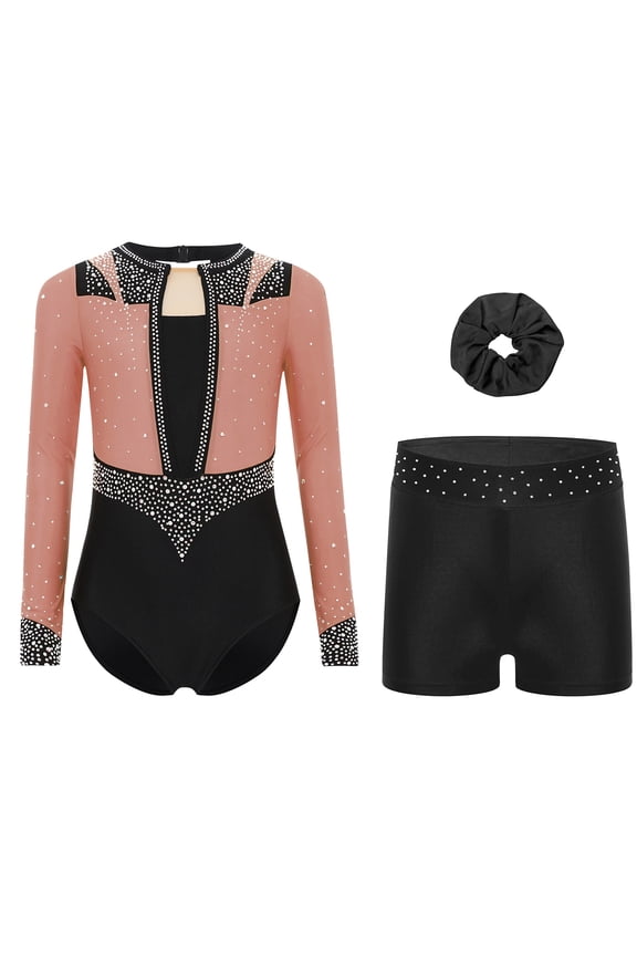 Kids Girls Rhythmic Gymnastic Leotard Sparkly Long Sleeve Athletic Dance Biketard with Shorts Hairband Set Dusty Pink Black 6