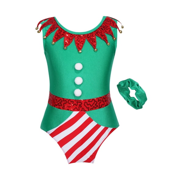 TTAO Kids Girls Santa Claus Elf Christmas Clothes Gymnastic Ballet Leotards Athletic Dance Unitard Bodysuit with Headband Green 10