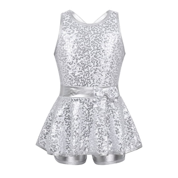 TTAO Kids Girls Sequin Jazz Hip Hop Ballet Dance Leotard Dress Bowknot Ballroom Dancewear 6-16Y White 14