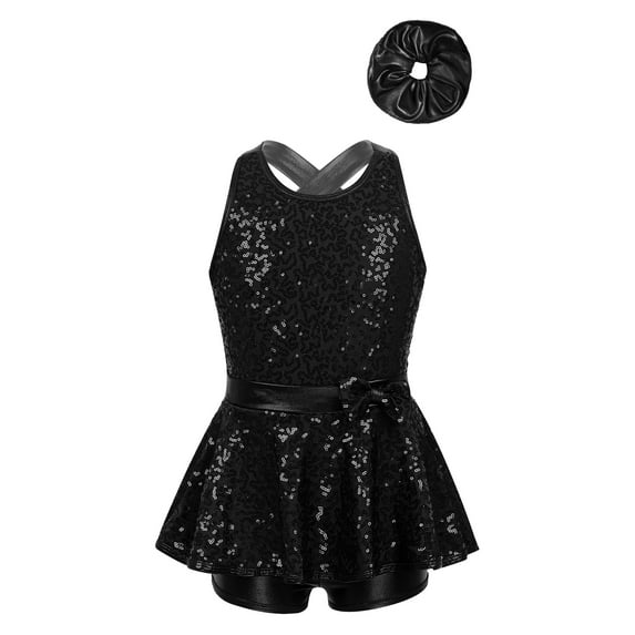 TTAO Kids Girls Sequined Gymnastic Leotard Dress Outfits Jazz Hip Hop Dance Ballroom Costume Competition Black 10