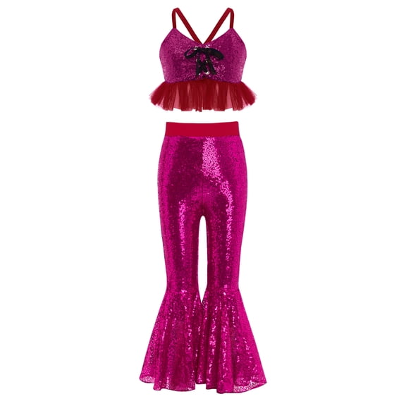TTAO Kids Girls Sequins 2pcs Jazz Dance Outfits Strappy Mesh Crop Top with Flare Pants for Hip Hop Dance Hot Pink 8