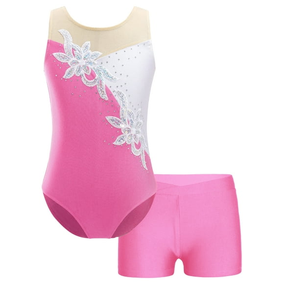 TTAO Kids Girls Sequins Ballet Dance Leotard for Gymnastics Outfits Workout Biketard Shorty Unitard Pink 14