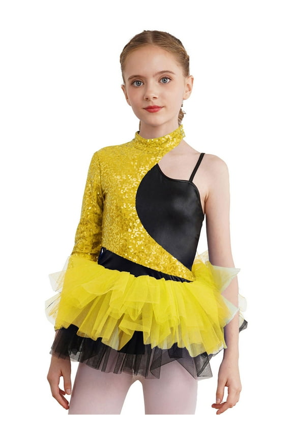 Kids Girls Sequins Ballet Jazz Latin Dance Dress Oblique Shoulder Gymnastics Leotards Tutu Skirt Gold 8