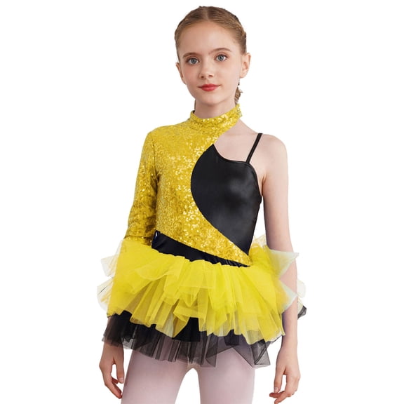 TTAO Kids Girls Sequins Ballet Jazz Latin Dance Dress Oblique Shoulder Gymnastics Leotards Tutu Skirt Gold 8