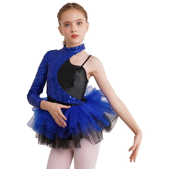 TTAO Kids Girls Shiny Sequins Asymmetrical Sleeves Ballet Tutu Dress Ballerina Stage Performance Costume Royal Blue 10