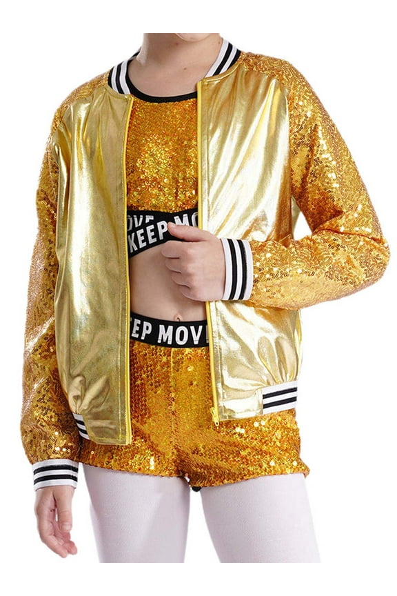 Kids Girls Sequins Bomber Jacket Long Sleeve Hip Hop Jazz Modern Dance Coat Performance Tops Outwear Gold 16