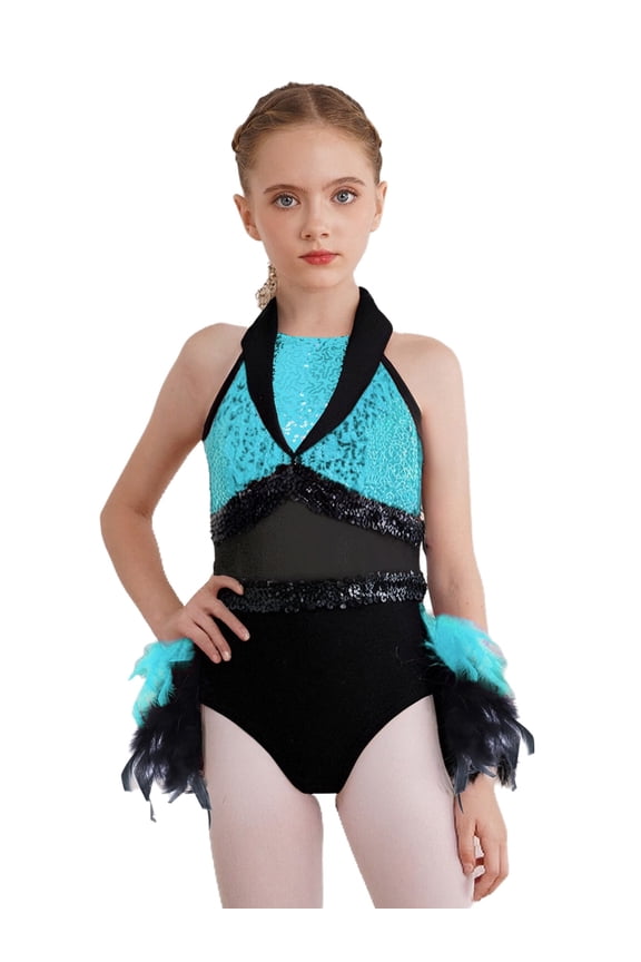 Kids Girls Sequins Jazz Dance Dress Sleeveless Lapel Feather Skirted Leotard for Tango Cha Cha Stage Performance Light Blue 10