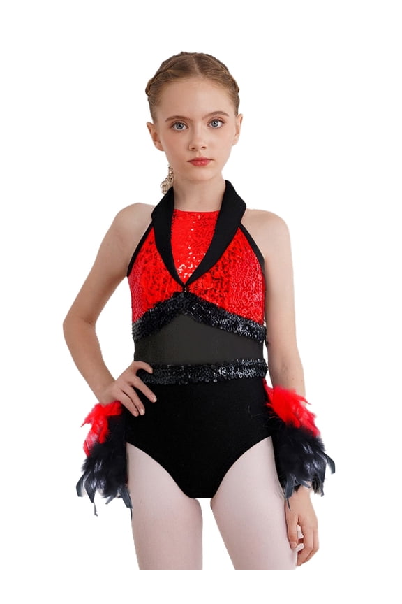 Kids Girls Sequins Jazz Dance Dress Sleeveless Lapel Feather Skirted Leotard for Tango Cha Cha Stage Performance Red 10