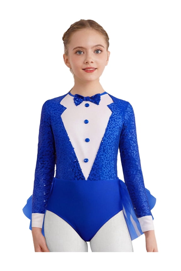 Kids Girls Sequins Modern Jazz Dance Leotard Bodysuit Long Sleeve Feather Tutu Dress Shiny Ballet Dancewear Royal Blue 6