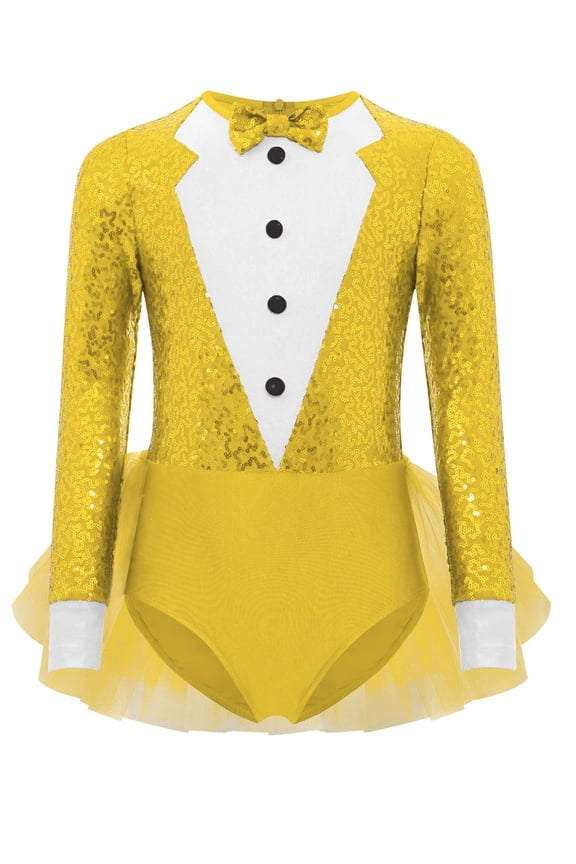 Kids Girls Sequins Modern Jazz Dance Leotard Bodysuit Long Sleeve Feather Tutu Dress Shiny Ballet Dancewear Yellow 6