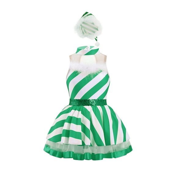 TTAO Kids Girls Sequins Striped Tutu Dance Dress Figure Skating Dress Christmas Party Candy Cane Clothes Green 12