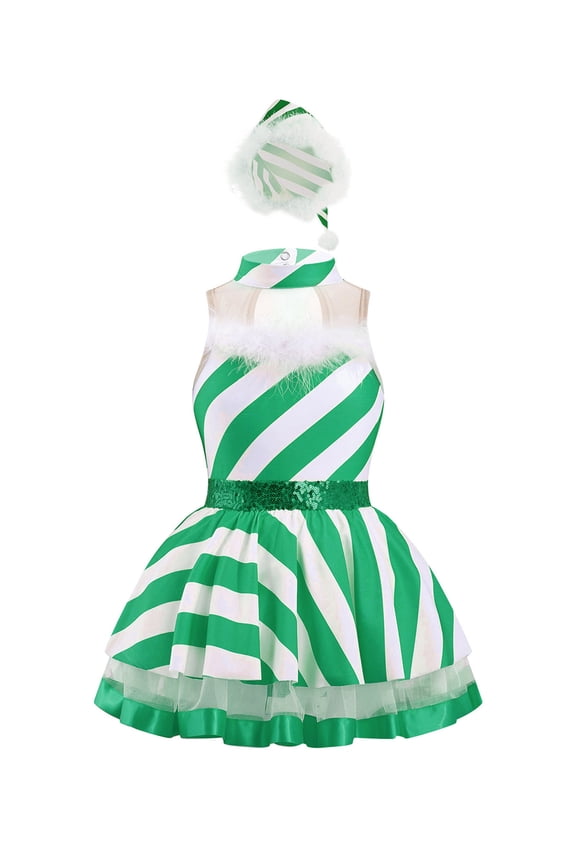 Kids Girls Sequins Striped Tutu Dance Dress Figure Skating Dress Christmas Party Candy Cane Clothes Green 16