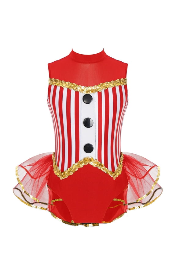 Kids Girls Sequins Strips Ballet Dance Dress Tulle Skirted Leotard Latin Jazz Modern Ballroom Dancewear Red 8