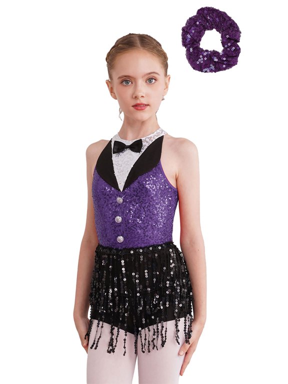 Kids Girls Sequins Tassel Dance Leotard for Ballet Jazz Latin Modern Tap Tango Ballroom Costume Purple 12