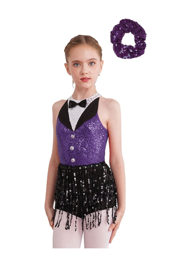 Kids Girls Sequins Tassel Dance Leotard for Ballet Jazz Latin Modern Tap Tango Ballroom Costume Purple 12