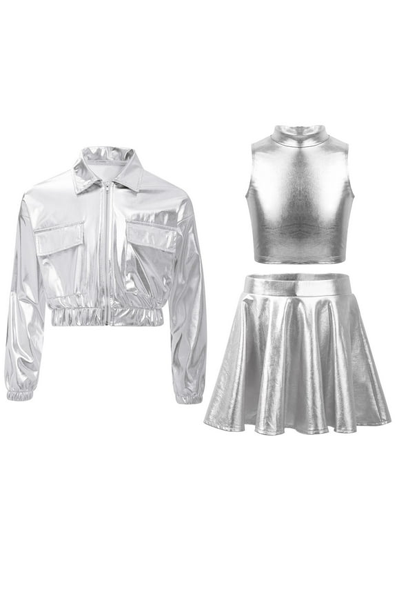 Kids Girls Shiny Bomber Jacket Crop Tops with Skirt Set 3 Piece Metallic Streetwear Jazz Hip Hop Dance Outfits Silver 8