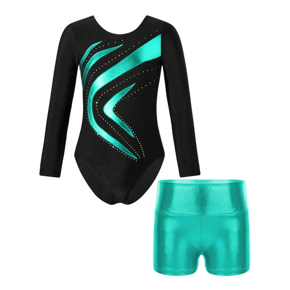 TTAO Kids Girls Shiny Diamond Gymnastics Leotard Fitness Workout Jumpsuit with Ballet Dance Shorts Set Blue Green 6