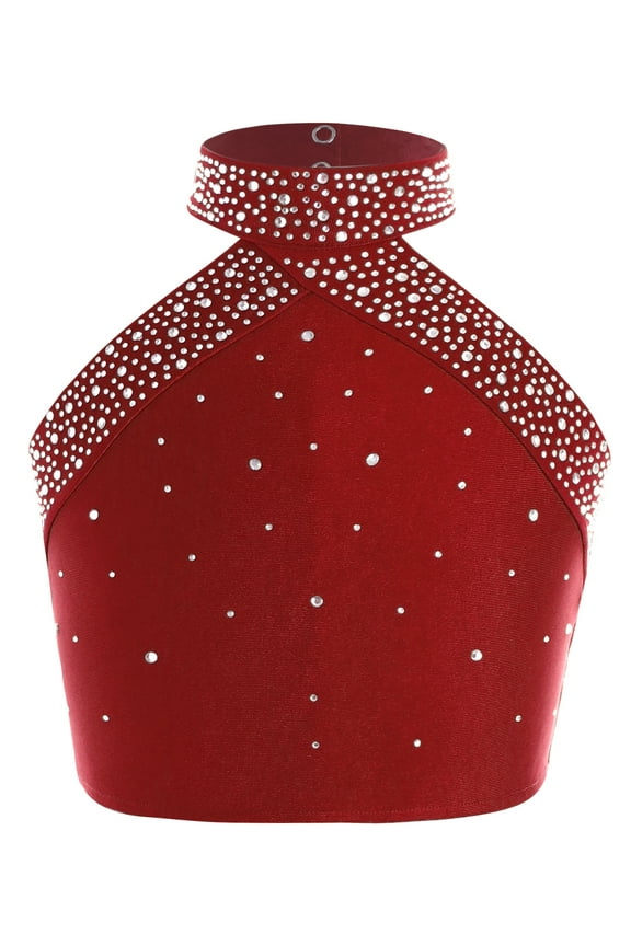 Kids Girls Shiny Diamond Halter Jazz Latin Hip Hop Modern Ballet Dance Crop Top Bra Vest Shirt Dancewear Burgundy 6