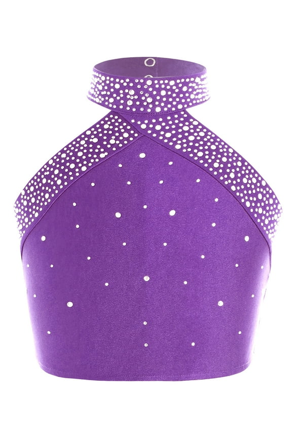 Kids Girls Shiny Diamond Halter Jazz Latin Hip Hop Modern Ballet Dance Crop Top Bra Vest Shirt Dancewear Purple 8