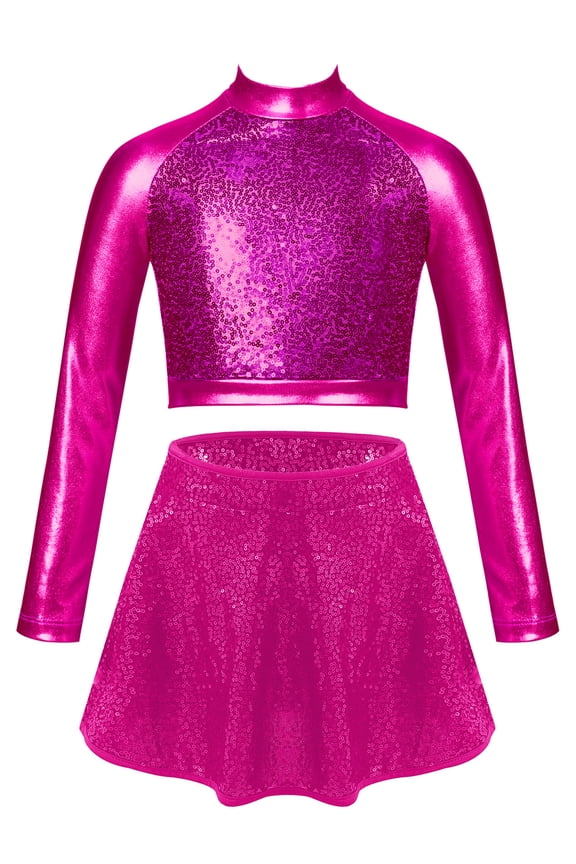 Kids Girls Shiny Metallic Ballet Jazz Hip Hop Street Dance Outfit Long Sleeve Crop Top with Sequin Mini Skirt Set Hot Pink 10