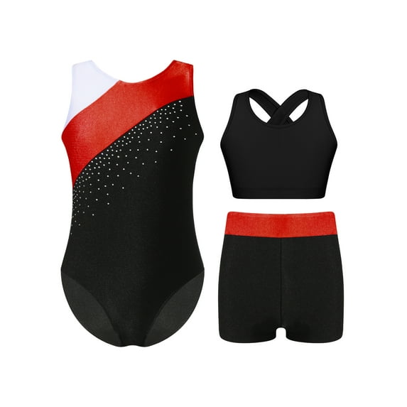 TTAO Kids Girls Shiny Rhinestone Color Block Sleeveless Gymnastics Leotard Biketard Unitard Crop Tops And Shorts Set Red 16