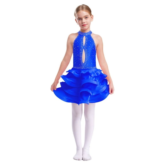 TTAO Kids Girls Shiny Rhinestone Tiered Latin Dance Dress Sleeveless Jazz Tango Rumba Salsa Samba Dancewear Blue 16